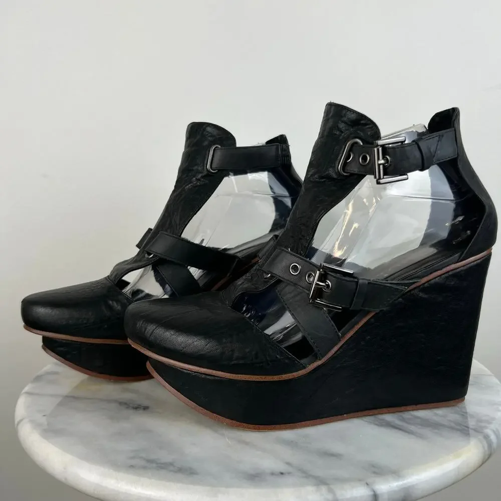 January, 6th Black Leather Buckle Platform Wedges Grunge Gothic Edgy (Sz 10)
